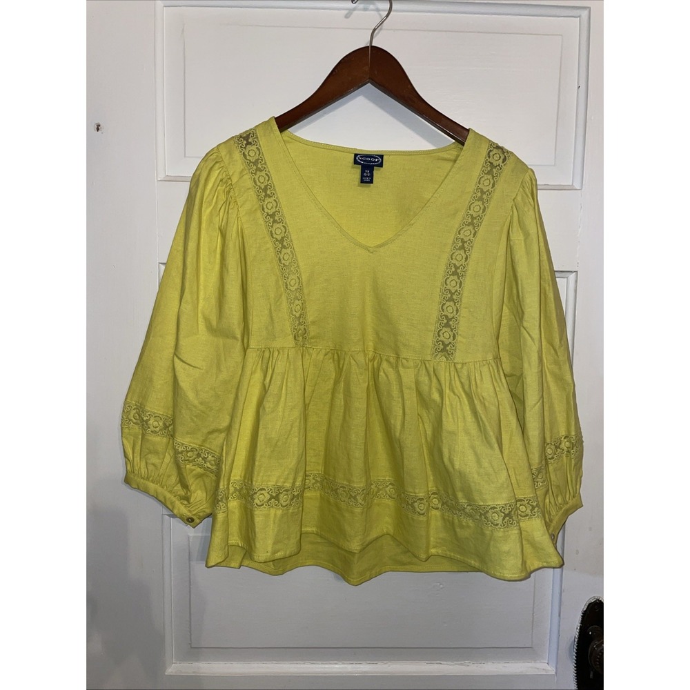NWT Scoop Vneck Womens Blouson Sleeve Linen Top XS‎